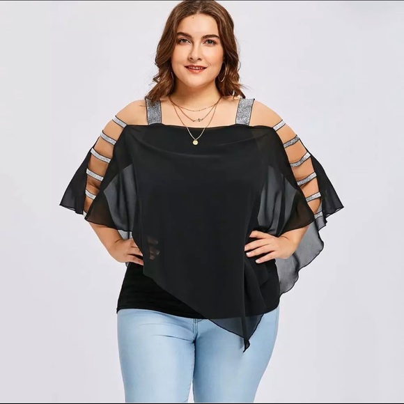 Asymmetrical, Sheer Blouse with Metallic Armstraps - Picture 2 of 4